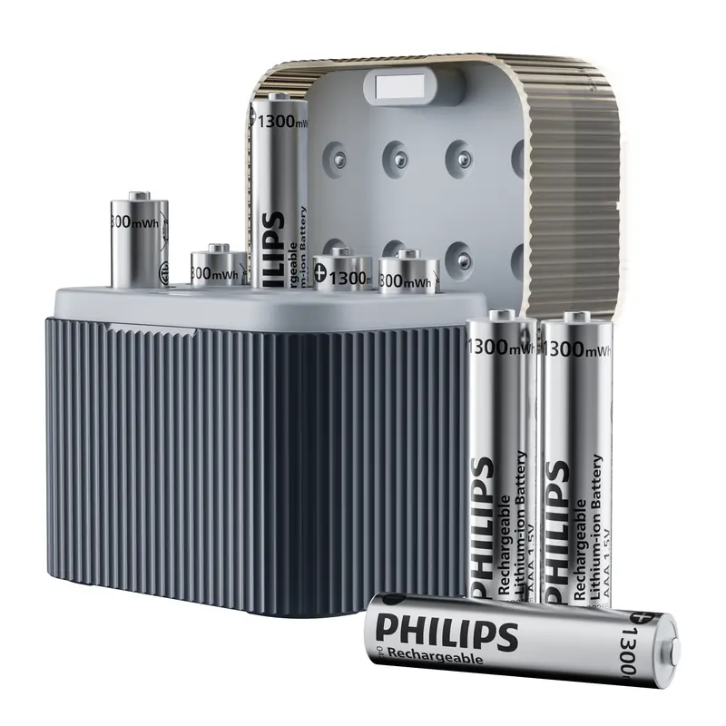 PHILIPS Rechargeable AAA Battery & 8-Slot Universal Charger Kit - 8-Pack 1.5V 1300mWh Lithium Batteries, Type-C Magnetic Slot, Constant Voltage, 1200X Cycles, Portable for Camera, Alarm Clock, Radio, Scale, Magnetic Power Bank Device Smartphones