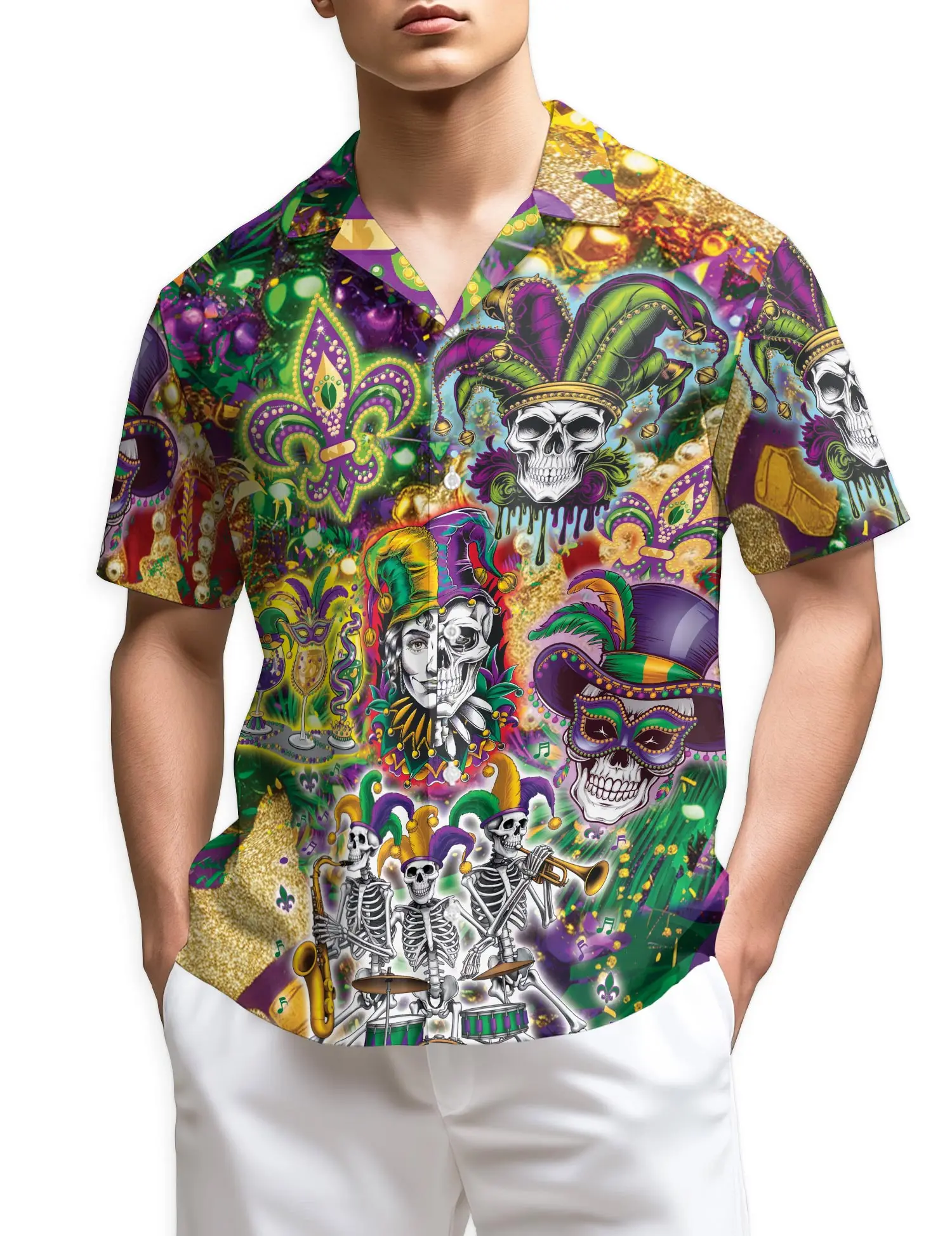 Mardi Gras Skulls & Masks Short Sleeve Shirt - Vibrant Festive Design for Men - Perfect for Carnivals & Celebrations