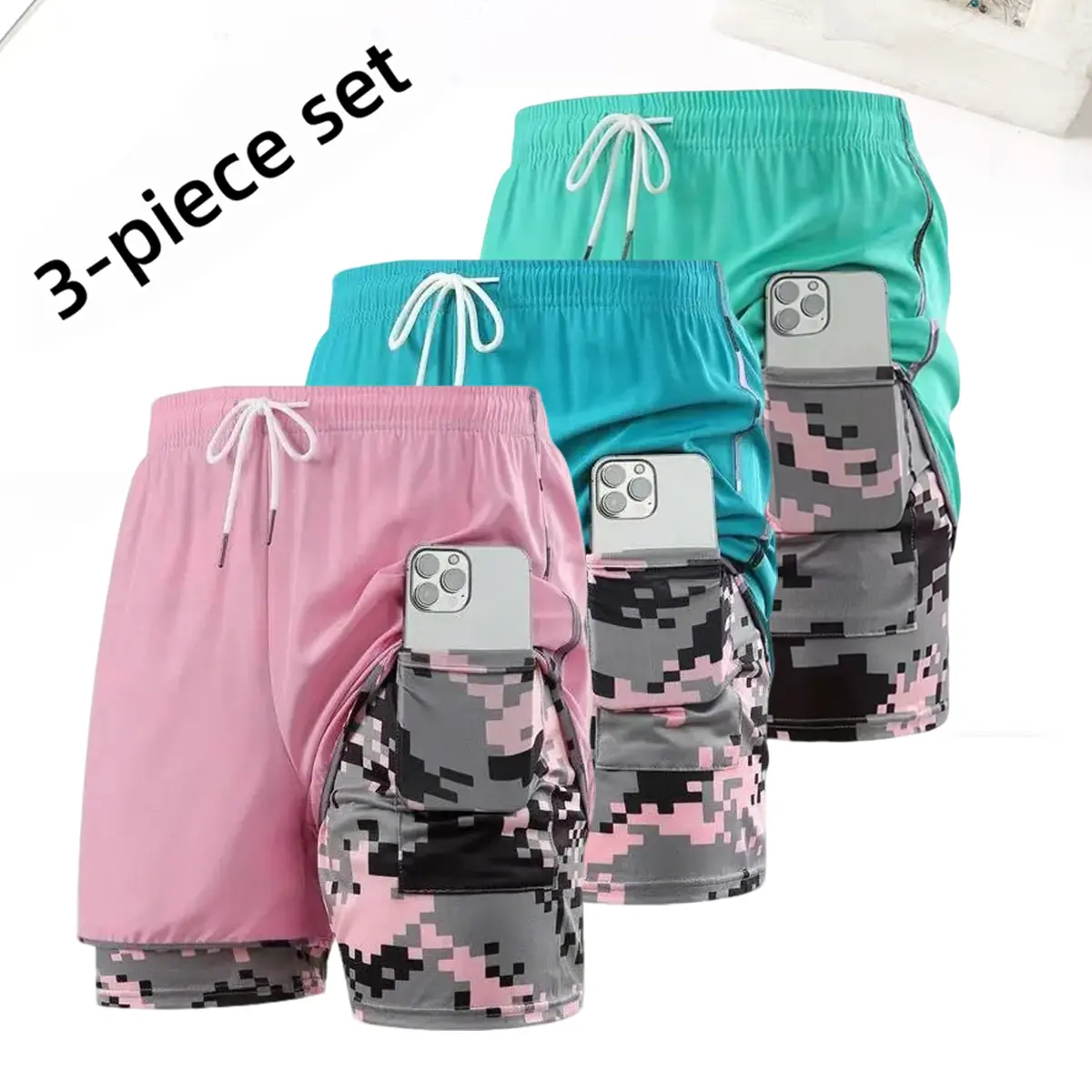 3-pack women’s summer shorts: double-layer faux two-piece mid-length shorts, breathable quick-dry compression base layer shorts with elastic drawstring waist, suitable for fitness training, casual sports, and running.