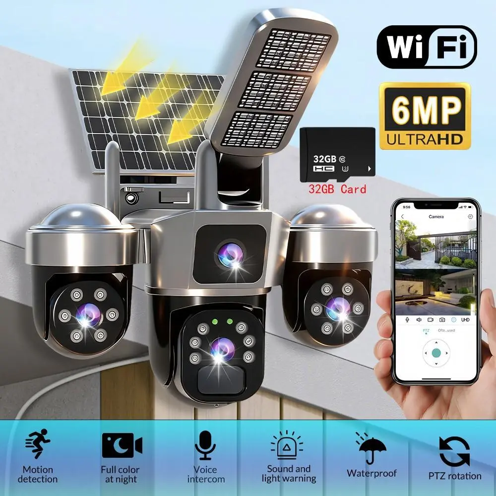 【Summerfinds】Solar cctv WiFi Security Camera with Spotlight 1080P HD Clear Picture PlR MotionDetection Color Night Vision Waterproof Black Security wireless Camera Dual lenses no dead ends Automatic Tracking wireless deals for you