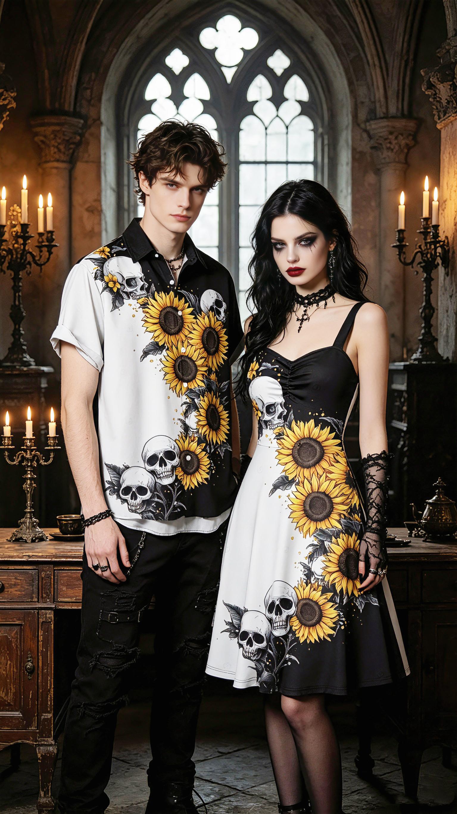 2026 Women's Gothic Dresses Contrast Color Sunflower Skulls Pattern Ruched Bust Dress Sweetheart Neck A Line Mini Holiday Dress