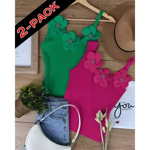 2 Piece Women's Solid 3D Flower Tank Top Asymmetrical Neck Sleeveless Casual Ribbed Knit Camisole