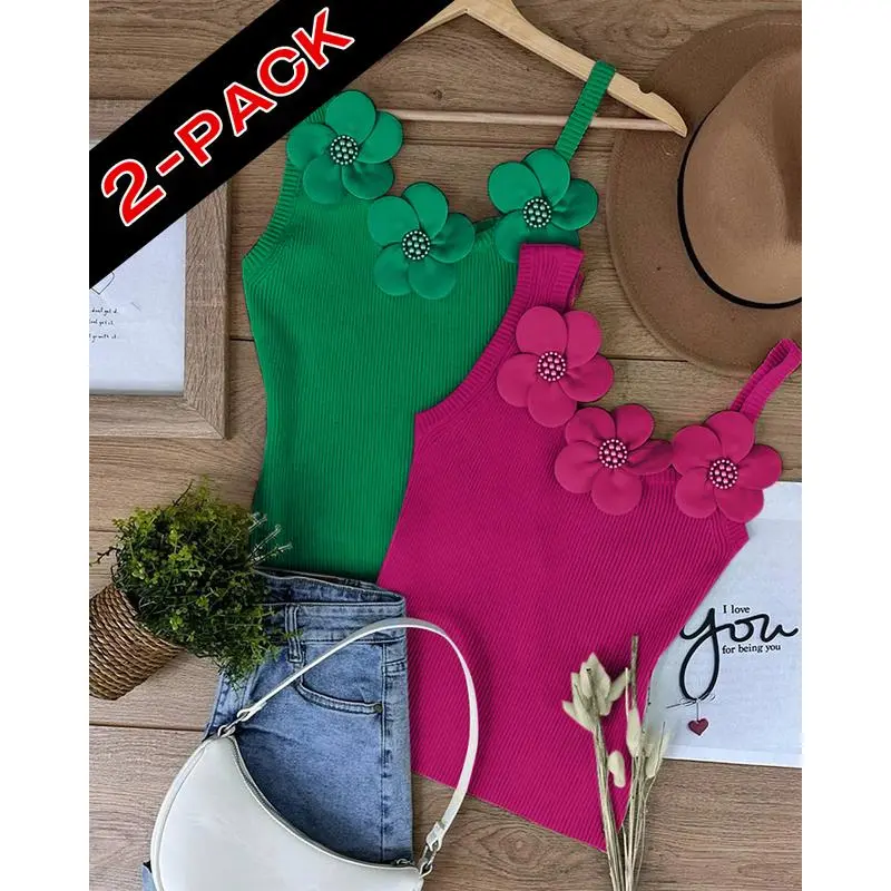 2 Piece Women's Solid 3D Flower Tank Top Asymmetrical Neck Sleeveless Casual Ribbed Knit Camisole