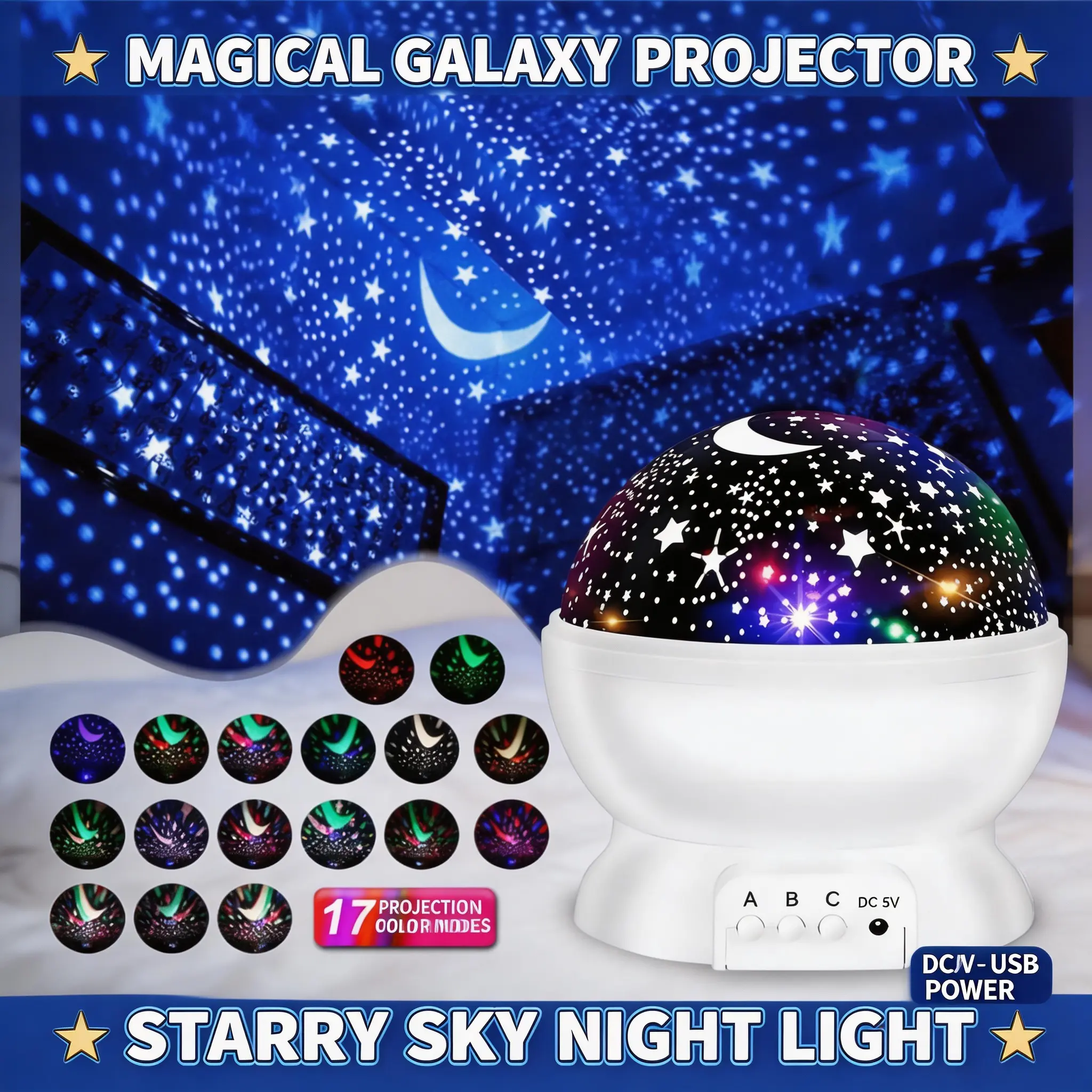 Starry Sky Galaxy Projector Night Light - 360° Rotatable, 17-Color Dual-Mode LEDs, Quiet USB/Battery Powered, Ideal Party Gift for Home Festive Use