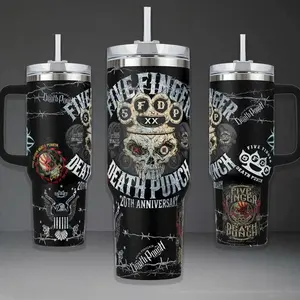 Five Finger Death Punch 20th Anniversary Tumbler, FFDP Knuckle Skull 40oz Cup with Handle, Death Punch Retro Rock Stainless Steel Travel Mug, Metalhead Gift, FFDP Inspired Insulated Tumbler