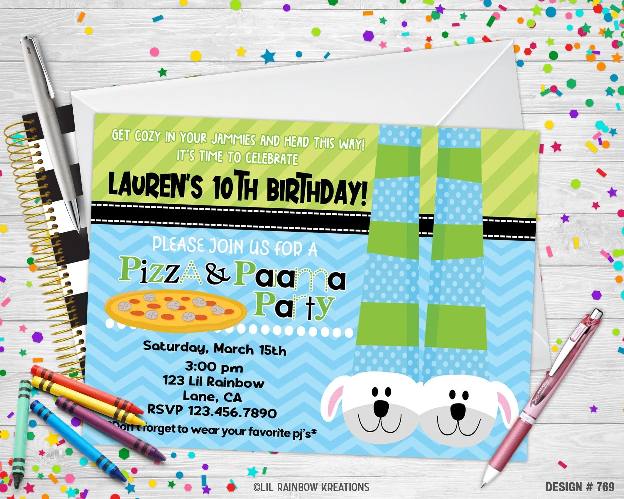 769 | Pizza & Pajamas Party Invitation & Thank You Card