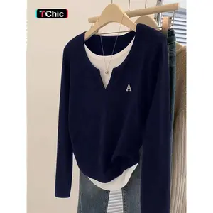 Women’s colorblock letter print 2-in-1 T-shirt, casual long-sleeve round-neck top for all seasons, ladies’ clothing for daily wear