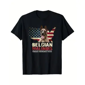 [100% Cotton] 100% Cotton Men'S Belgian Malinois Dog Lover T-Shirt - Funny Because German Shepherds Need Heroes Too Graphic Tee, Black Shirt with American Flag design - All-Season Comfort Fit Shirt for Belgian Ma Gift, Unisex, Hot selling items, Soft, Br