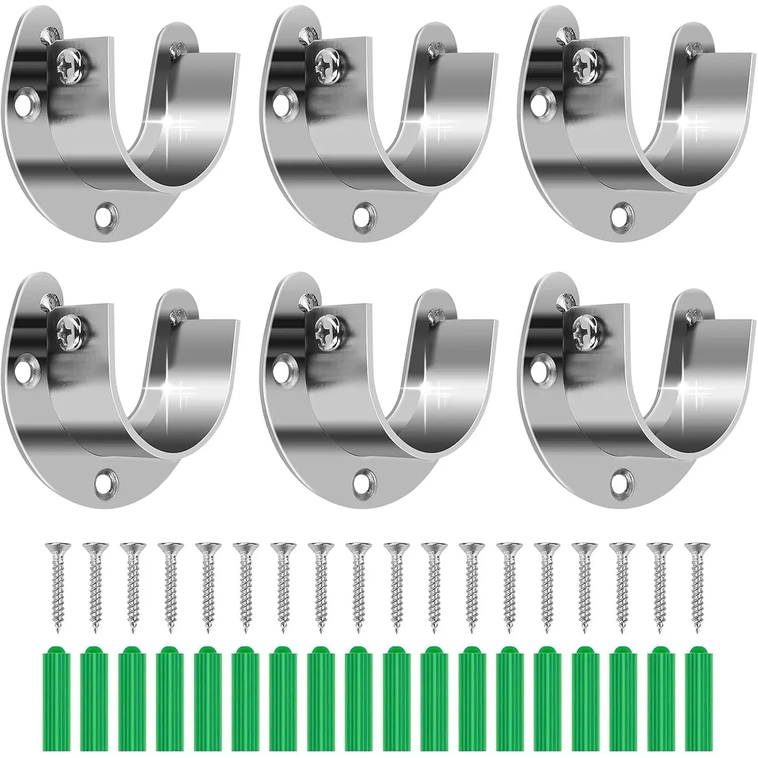 6-Pack Stainless Steel Closet Rod Brackets, Heavy Duty U-Shaped Flange Sockets for 1-1/4 in Rods, Rust-Proof Holders with 18 Screws & Anchors for Wardrobe, Balcony, Kitchen Use