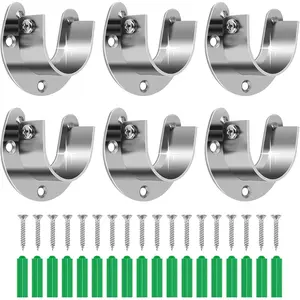 6-Pack Stainless Steel Closet Rod Brackets U-Shaped Heavy Duty Flange Sockets for 1-1/4 Inch Rods Rust-Proof Holders with 18 Screws & Anchors for Wardrobe Kitchen Balcony