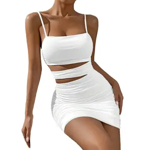 Ruched Mini Dress With Strategic Cut-Outs And Spaghetti Straps - Turn Heads At The Club Or A Romantic Evening! Halter Bubble Hem Mini Dress