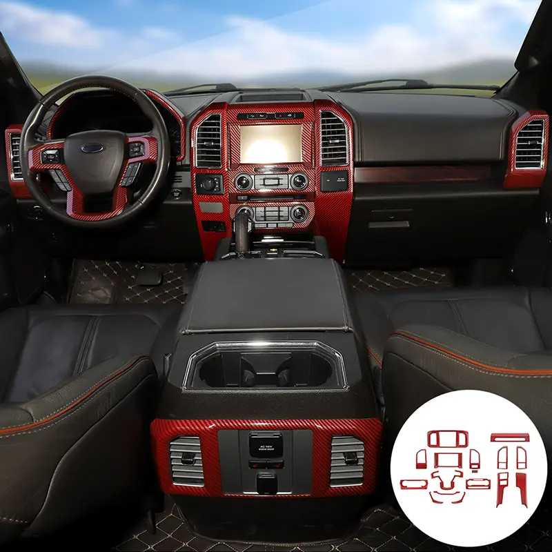 Custom Full Trim Center Console Cover Kit for 2015-2020 Ford F150 - Car Truck Interior Kit, Auto Accessories, Vehicle Moldings, Car Decorations, Perfect Fit Replacement Dashboard Accessory (Red)
