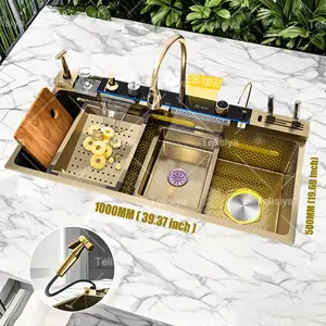 Golden Stainless-Steel Waterfall Kitchen Sink Multifunctional Large Display Dishwashing Sinks