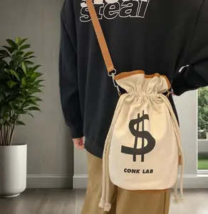 Fabric Drawstring Money Bag Pouch with Dollar Sign， Large Canvas Drawstring Backpack， Lightweight Sport Bag