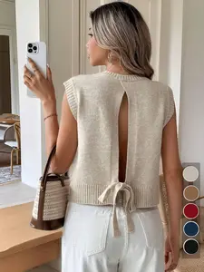 Women's Plain Tie Back Crop Sweater Vest, Basic Casual Fitted Minimalist Crewneck Sleeveless Knit Top for Summer, Fashion Women's Knitwear for Daily Wear, Crop Tops, Womenswear, Lady Lightweight Vest, Apricot, Casual Comfy Vest