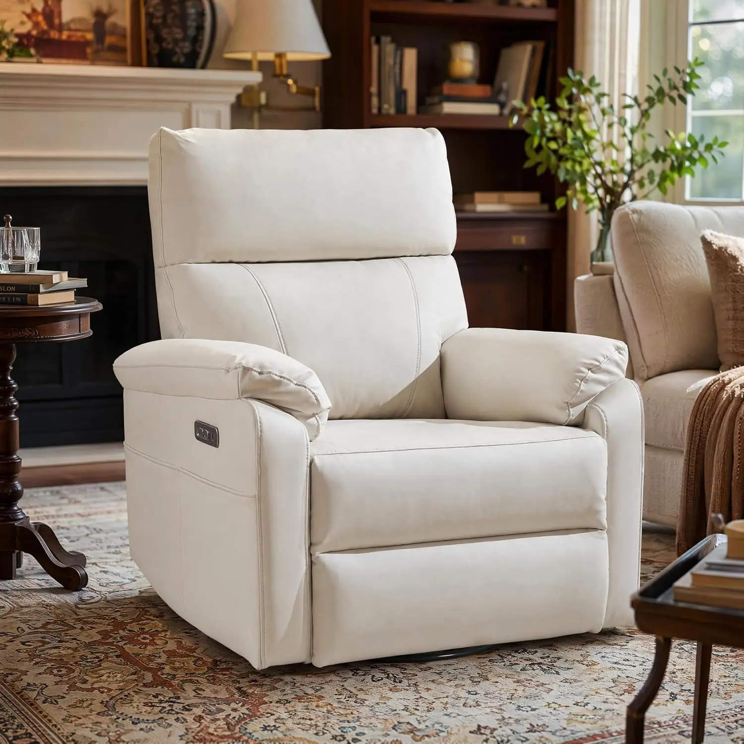 Power Recliner Chair with Adjustable Lumbar Support,Swivel Rocker Chair with Overstuffed Armrests, Nursery Glider Recliner for Breastfeeding,Rocking Chair Nursery for Bedroom, USB & Type-C,Beige
