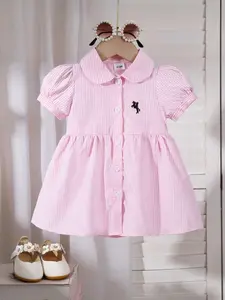 Baby Girl Embroidered Striped Round Neck Short Sleeve, College Style Spring Summer, Perfect for Outdoor Play, Versatile and Cute, Striped Dress
