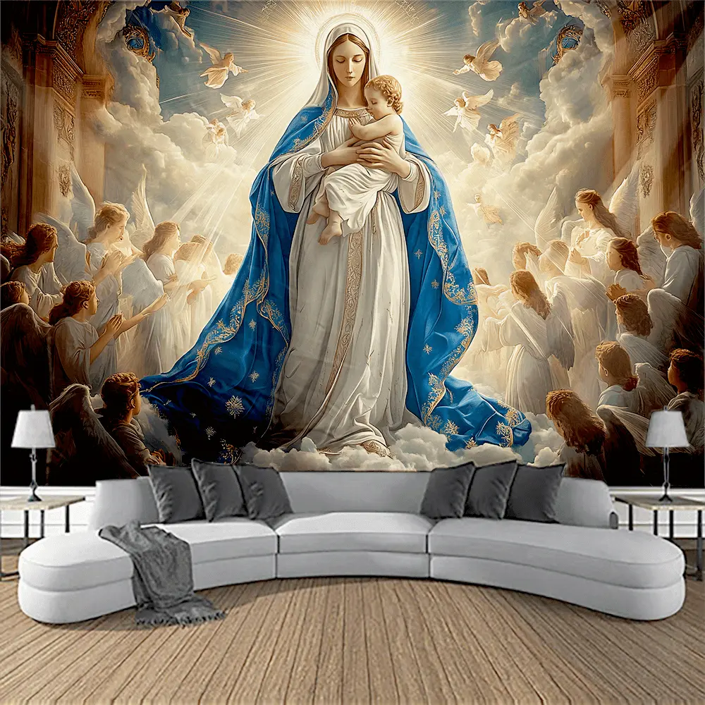 Mother Mary Wall Tapestry - Modern Sacred Art with Crisp Lines, Polyester Multi-Purpose Home Decor for Living Room, Thoughtful Gift Idea, Washable