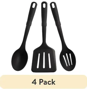 (4 pack) 3-Piece Kitchen Utensil Set, Slotted Spatula, Slotted Spoon and Solid Spoon, Black, Nylon