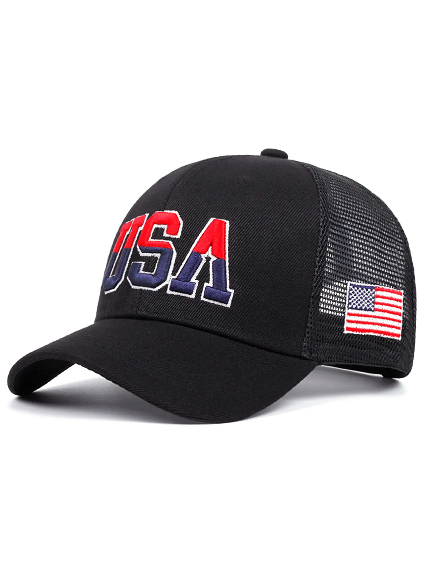2025 Fashion Breathable Mesh Hat Embroidered Headwear USA Side Embroidered American Flag Men's Street Pop Personalized Hip Hop Hat, Classic Baseball Cap, Fitted Cap, Leisure Sports Sunshade Daily Wearing Hat, Embroidery Hat