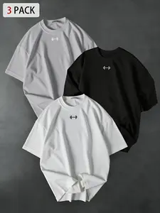 3-Pack Unisex Oversized T-Shirts with Small Dumbbell Chest Print, Minimalist Streetwear for Gym Enthusiasts and Casual Everyday Wear