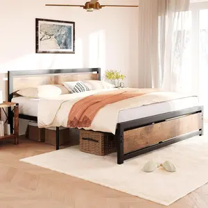 King Size Bed Frame Platform, Industrial King Bedframe with Wooden Headboard and Footboard No Box Spring Needed, 14 inch Easy Assemble Noise Free Mattress Frame, King
