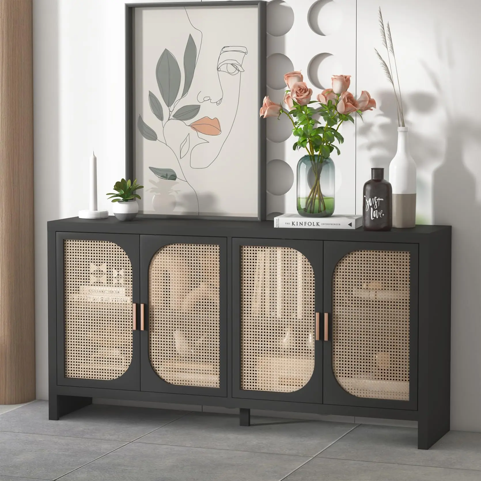 Aesthetic Rattan 4-Door Sideboard Buffet Cabinet - Freestanding MDF Farmhouse Cabinet, Black Easy Access Dual Storage Sideboard, Adjustable Shelf, Modern Indoor Living Room Kitchen Furniture, Mdf Cabinets, Black Furniture Sideboards