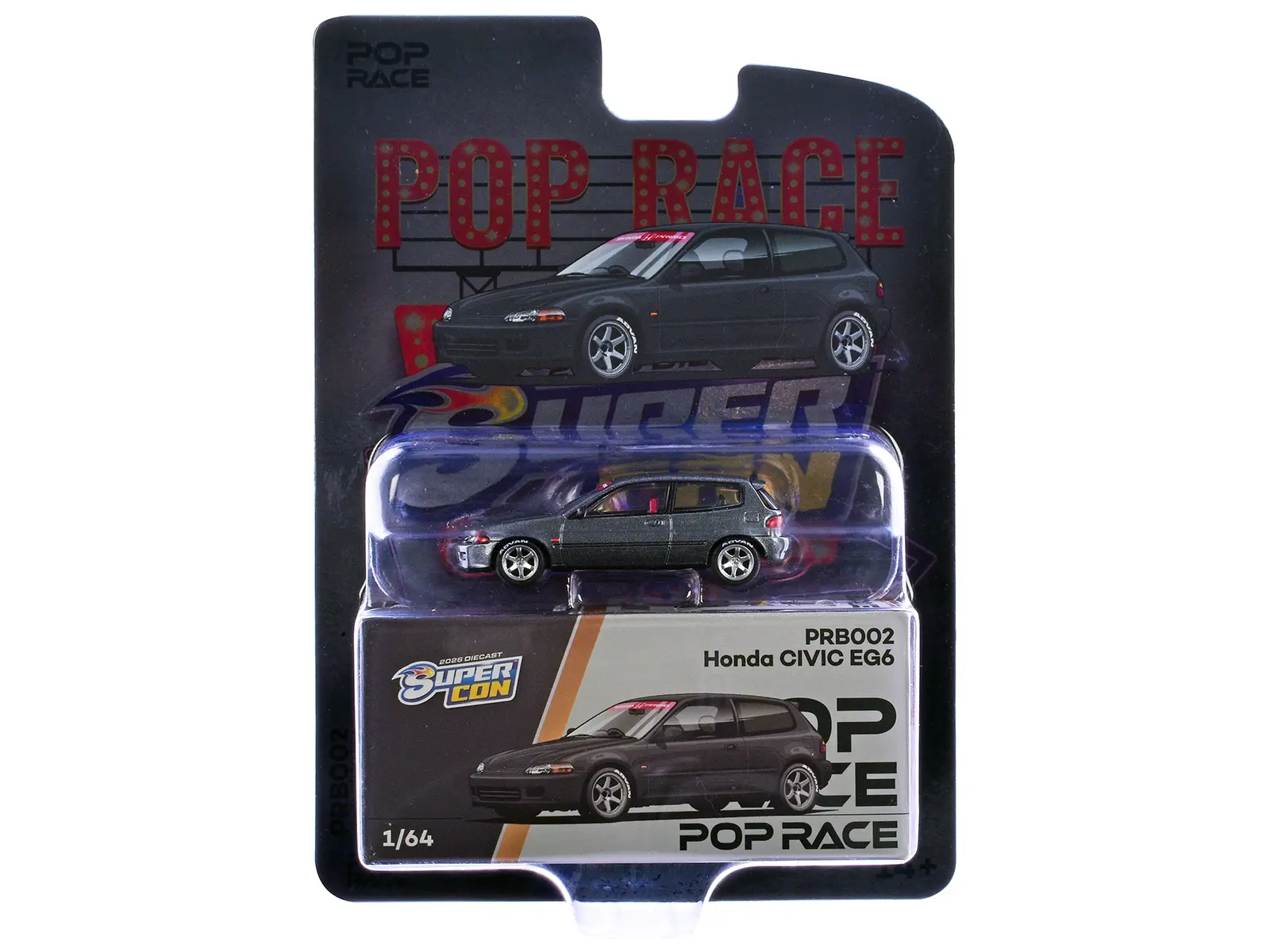 Honda Civic EG6 RHD Gray Metallic with Red Interior "2026 Diecast Super Con Las Vegas" 1/64 Die Cast Model Car by Pop Race