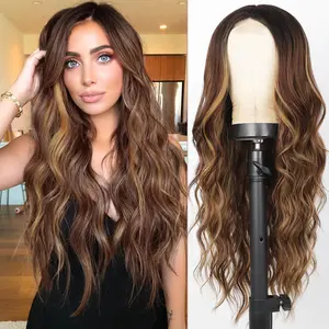 SummerVibes AISI HAIR 26 Inch Long Wavy Wigs Middle Part Curly Synthetic Fiber Wig for Daily Party Use Realistic Hairline Hand-Woven Soft Breathable Easy Wear Without Glue
