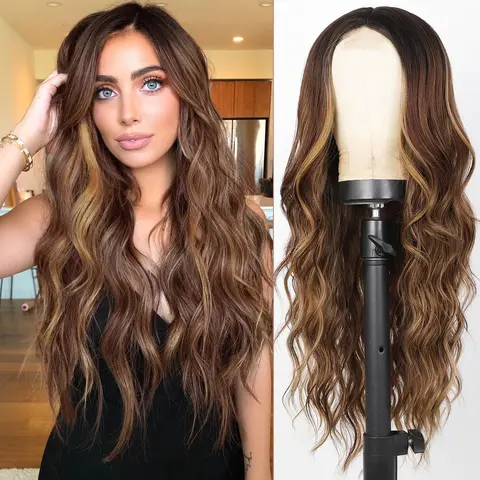 AISI HAIR Women's Pre Styled Wig - 26in 230g±10g Beach Blonde Soft Synthetic Water Wave Wig, Middle Part, Glueless, Realistic Hairline, Hand-Woven Breathable Easy-Wear, Scalp Effect, for Daily & Party Use, Scalp Effect Wig