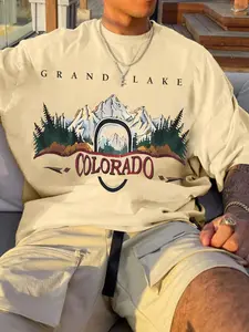 Men's Colorado Landscape Print Drop Shoulder Tee, Regular Fit Casual Street Letter Graphic Round Neck Half Sleeve T-Shirt for Summer, Men's Top for Daily Wear, Streetwear