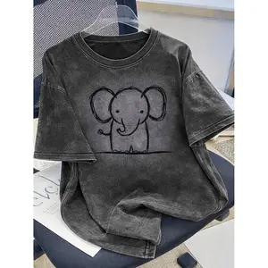 Plus Size Vintage Washed Cotton Short Sleeve T Shirt Featuring Elephant Print Perfect for Casual Outings Sports Parties and Holiday Gifts