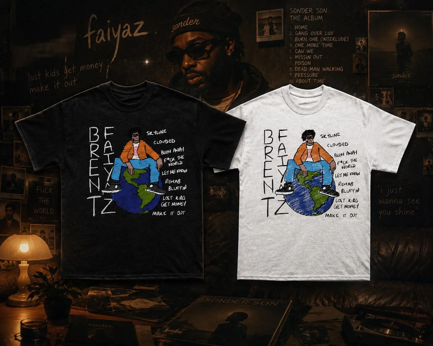 AudioDust4U Faiyaz Sketchbook F*ck The World Lost Kids Men's Casual Cotton Short-Sleeve Graphic T-Shirt - Cartoon-Inspired Vintage Hip Hop Streetwear