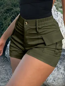 Women's Plain Fitted Quick-Dry Comfortable Button Pocket Gym Shorts, Butt-Lifting Pockets, Gym Workout & Daily Wear, Spring Summer Fashion