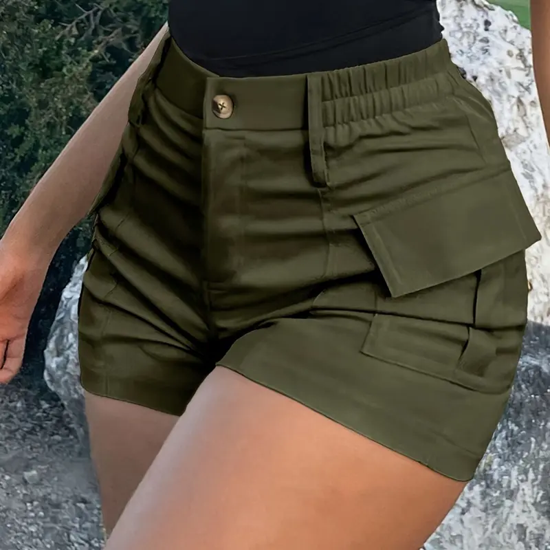 Women's Plain Fitted Quick-Dry Comfortable Button Pocket Gym Sports Shorts, Butt-Lifting Pockets, Gym Workout & Daily Wear, Spring Summer Fashion, Workout Clothes Women