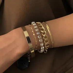 Punk style smooth surface simple and versatile stacked bracelet set geometric diamond-encrusted cool multi-layer bracelet