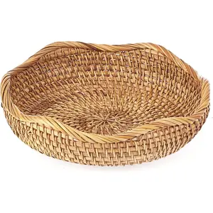 Natural Rattan Tray 8.5" – Handwoven Wicker Storage Basket Bowl for Fruit, Bread, Keys, Round Decorative Tray for Kitchen, Entryway & Home Decor