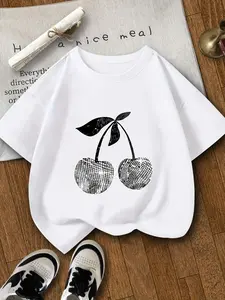 Girl'S Soft & Stretchy Summer T-Shirt with Glittery Cherry Print - Casual Round Neck, Short Sleeve Top for Outdoor Activities, Casual Summer Wear | Playful Print Top | Comfortable Fit, Girls T Shirts,trendy tops for school , cute school tops
