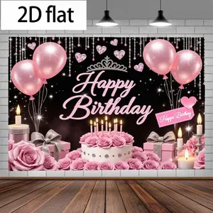 2D Flat Banner Vibrant & Birthday Scene Decor Set, Diamond-Encrusted Cake, Roses, Balloons, Gift Boxes, Happy Birthday Sign