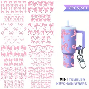 8 Sets Of Pink Bow UV DTF MINI Stanley Cup Keychain Packaging, Waterproof Durable DIY For MINI Stanley Keychain Packaging Transfer Decorative Paper, Ideal For DIY Gift Wrapping