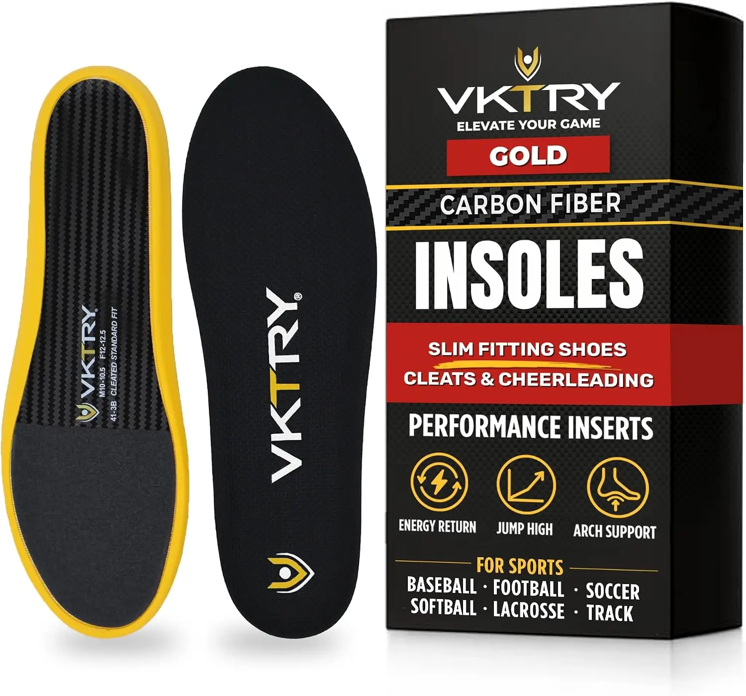 VKTRY Gold Cleated Sport Performance Insoles - 100% Carbon Fiber, Aerospace C.F. Core, Durable Insert, Natural Foot Fit, Unmatched Support, Reduce Injuries, Withstand High-Impact Movements, Soccer Heel Liners