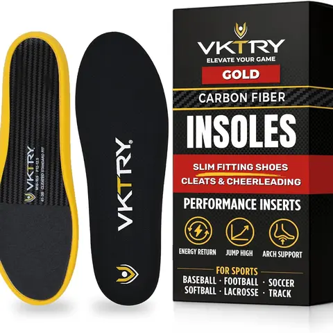 VKTRY Gold Cleated Athletic Sport Performance Insoles - 100% Carbon Fiber, Aerospace C.F. Core, Durable Insert, Natural Foot Fit, Steady Support & Stabilizing Soccer Insoles & Heel Liners