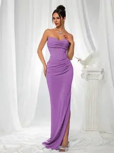 Elegant Aesthetic Bridesmaid Dress, Strapless Satin Gown with Waist Cincher and Drape Skirt, Formal Evening Wear for Wedding Guests