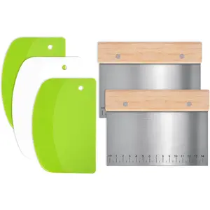 5 count Bench Scraper, Bench Scraper Kitchen 2 count Stainless Steel Dough Scraper with  Handle and 3 count PP  Scraper with  Hole, Multipurpose Bread Dough  for Baking-Green