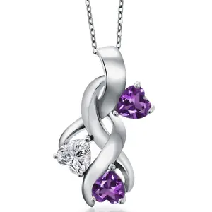 Gem Stone King 925 Sterling Silver Lab Grown Diamond and Purple Amethyst Pendant Necklace for Women | 1.28 Cttw | Gemstone April Birthstone | Heart Shape 5MM | With 18 Inch Chain