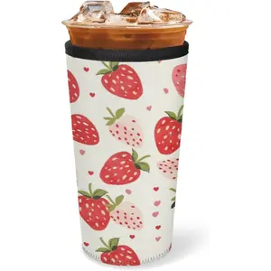 Iced Coffee Sleeve with Handle, Strawberries Coffee Cup Sleeves for Cold Drinks, Neoprene Cup Sleeve Insulated Cooler, Cup Holder Prevents Condensation for  24-28oz