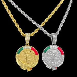 Mexico Mexican 50 PESO Coin Hip Hop Iced Cubic Zirconia Pendant & 4mm 24" Rope Chain Fashion Necklace Unisex Gold Silver Plated Metal Coating