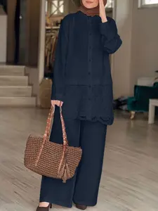 Women's Casual Colorblock Set, Street Fashion Long Sleeve Button-Panel Contrast Lace Blouse High-Waisted Wide-Leg Pants