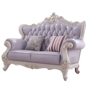 Luxury and Elegant High Back Sofa Set in Lavender with Ornate White Carving and Comfortable Cushions