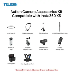 【TikTokShopStockUp】TELESIN Accessory Kit for Insta360 X5 – Aluminum Cage, Lens Protector, Magnetic Quick-Release Base, Magnetic Mount, Chest Strap, Vest-Style Harness, Invisible Selfie Stick 1.2m/3.0m, Neck Mount SE 2.0, Charging Case & Camera Storage Bag